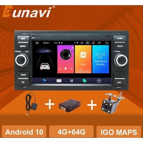 Eunavi Car Radio Multimedia Player Android 10.0 2 Din GPS Autoradio For Ford Mondeo S-max Focus C-MAX Galaxy Fiesta Form Fusion