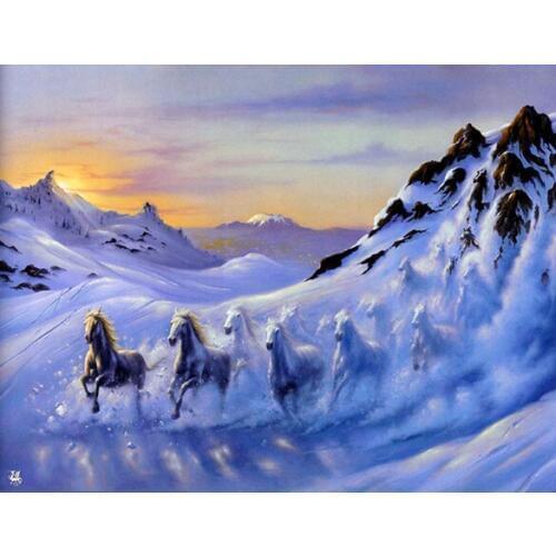 Free shipping abstract cartoon snow mountain galloping horse oil painting canvas prints printed on canvas art decoration picture
