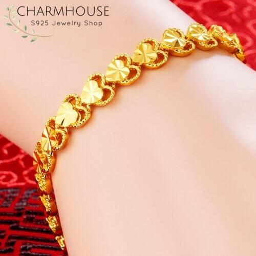 Charmhouse Pure Gold Color Bracelets For Women Multi Heart Link Chain Bracelet & Bangle Pulseira Wristband Bridal Jewelry Gifts