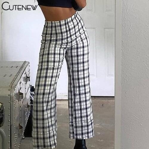 Cutenew Summer Black White Plaid Pattern Patchwork Women Pants 2021 Fashion Chic Streetwear Retro Female Straight Long Trousers