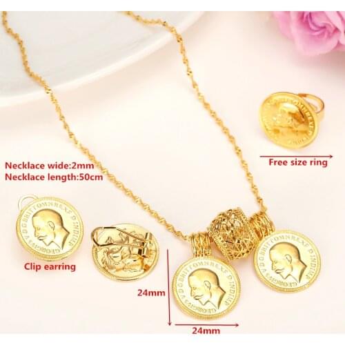 24 k Solid Gold FINISH Jewelry sets,Ethiopian Coin set Necklace Twin Pendant Earrings Ring Habesha Wedding Eritrea Africa Arab