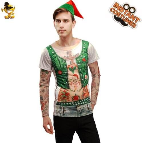 Cartoon Cool Mens Elf Shirt Male 3D Shirt Street Summer Clothing Halloween Cosplay Costumes with Christmas hat
