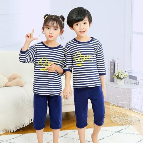 2-14 Yrs 100% Cotton Pajamas for Girls Sleepwear Suit Toddler Boy Summer Clothes Pants Stripe Printed Kids Nightwear Pajama Sets