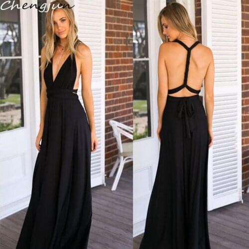 Chengjun Sleeveless Sexy Deep V Neck Open Back A-Line Long Black Evening Dress