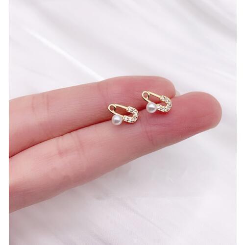 OBEAR Siver Plated Paved Zircon Geometric Hollow Pearl Rotating Needle Golden Stud Earrings for Women Girls Party
