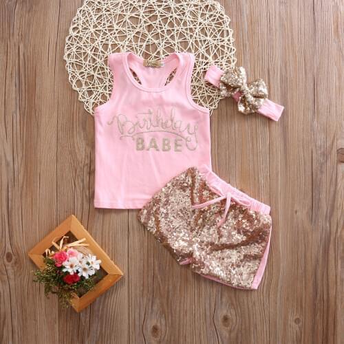 Pudcoco Newborn Baby Girl Clothes Summer Sleeveless Sequin Letter Print Tops Sequin Short Pants Bowknot Headband 3Pcs Outfits