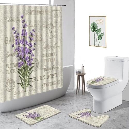 Romantic Lavender Shower Curtain Set Bath Mat Rug Flowers Bathroom Curtains Anti-skid Rug Toilet Lid Cover Mat Home Decor Cloth