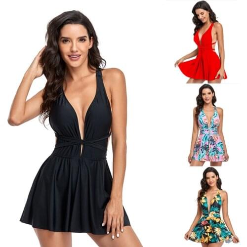 Sexy Print One-Piece Suits Monokini Plus Size Swimwear Women Wear Bikini Deep V Backless Swimsuit Dress Bathing Suit XXL