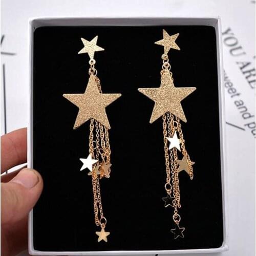 European Fashion Exaggerated Pentagram Star Metal Chain Tassel Long Drop Earrings For Wome Jewelry Statement Brincos Bijoux