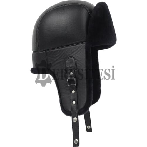 Sheepskin Leather Bomber Hat Winter Trapper Ushanka Aviator Russian Hats - Handmade Leather Hat
