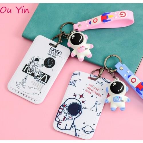 Silicone Doll Astronaut Student Card Holder Campus Meal Card Long Lanyard Badge Subway Bus Card Certificate Protection Cover