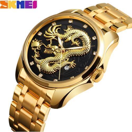 SKMEI Mens Watches Top Brand Luxury Golden Quartz Watch Men 3Bar Waterproof Date Display Stainless Steel Strap Wristwatches