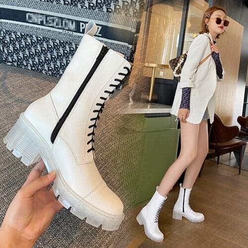 Womens shoes 2021 new transparent thick-soled Martin boots lace-up cool mid-tube short boots white knight boots