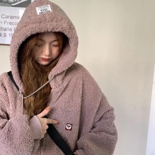 Winter warm lamb velvet Korean jacket women vintage casual loose preppy style sweet long-sleeved Harajuku chic Zip-up outerwear
