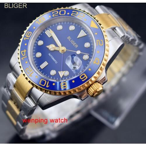 1pcs Bliger 40mm blue dial GMT Ceramics Bezel Gold side shells steel-Gold strap Automatic Mens Watch E2425