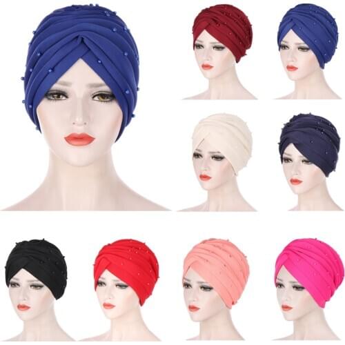 2021 Fashion New Women Pleated Hijab Caps Muslim Beading Turbante Indian Hat Hijabs Scarf Head Wrap Scarf Stretch Turban Bonnet