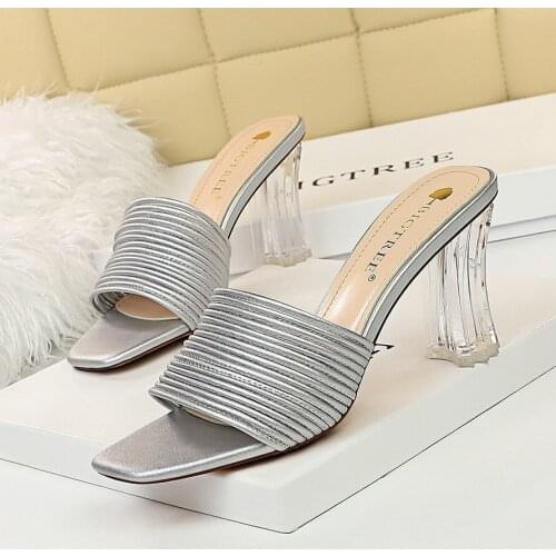 BIGTREE 2020 New Summer Women Mules Slippers High Square Heels Solid Crystal Sexy Ladies Women Shoes Black Outside Slides