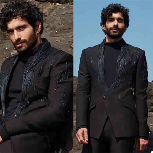 Designer Beading Black Mens Customized Wedding Tuxedos Slim Fit Groom Wear Dinner Prom Party Blazer (Jacket+Pants)