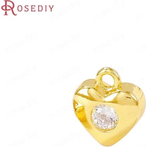 40579)6PCS 7.5x6.5MM 24K Gold Color Brass and Zircon Heart Charms Pendants Jewelry Making Supplies Diy Findings Accessories
