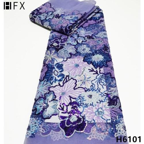 HFX Blue Nigerian Lace Fabric 2021 High Quality African Sequins Lace Fabrics French Tulle Lace Fabric For Dress Sewing F5668