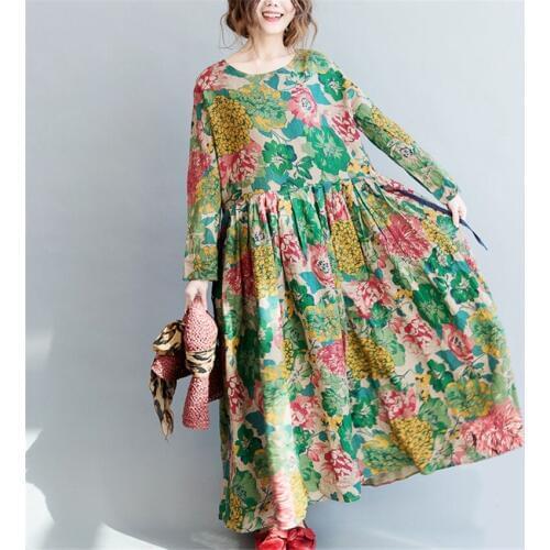 New Autumn Retro Vintage Plus Size Long Sleeve Women Floral Dress Elegant Casual Pleated Swing Dresses Vestidos One Piece WZ087