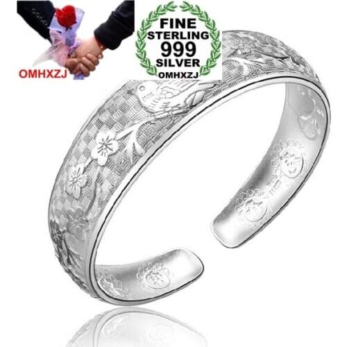 OMH Wholesale fashion magpies plum blossom woman kpop star Fine 999 Sterling Silver opening adjustable bracelet Bangles SZ23