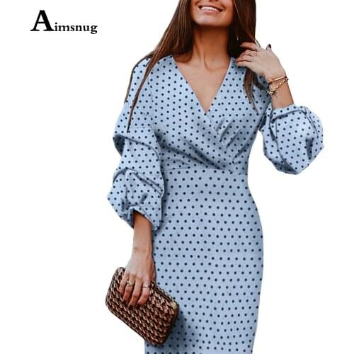Aimsnug Mid-Calf Dresses Perspective Female The Dress Sexy V-neck Dot Print Puff Sleeve Party Dress Vintage 2021 Women Clothing