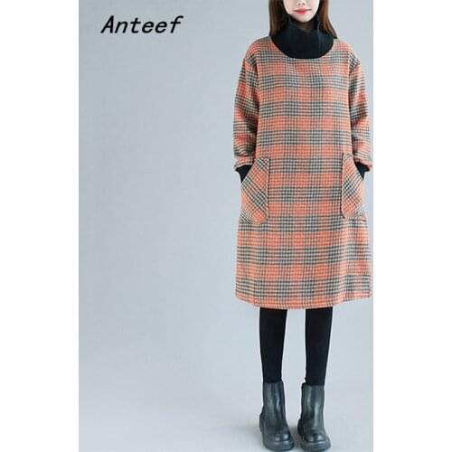 Long sleeve woolen vintage plaid for women casual loose midi autumn winter dress elegant clothes 2021 ladies dresses