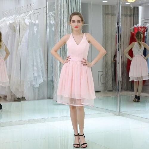 Chiffon Short Homecoming Dress V Neck Ruched Pink Party Junior Cocktail Dresses Sleeveless A Line Knee Length Formal Gowns AY445