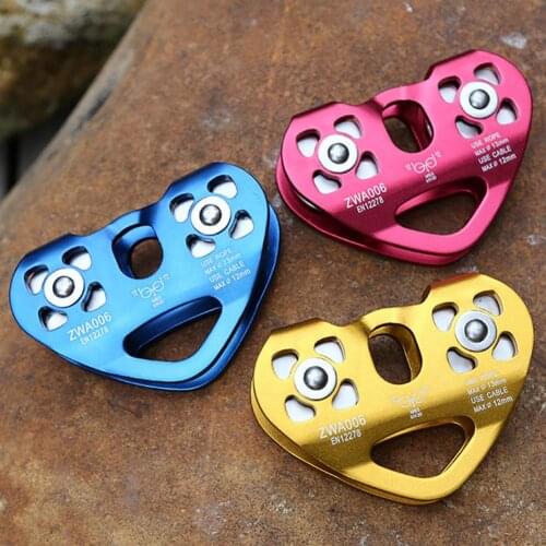 Heart-Shape Climbing Double Pulley Steel Cable Rope 13mm Climbing Device High Speed Zipline Trolley 30KN