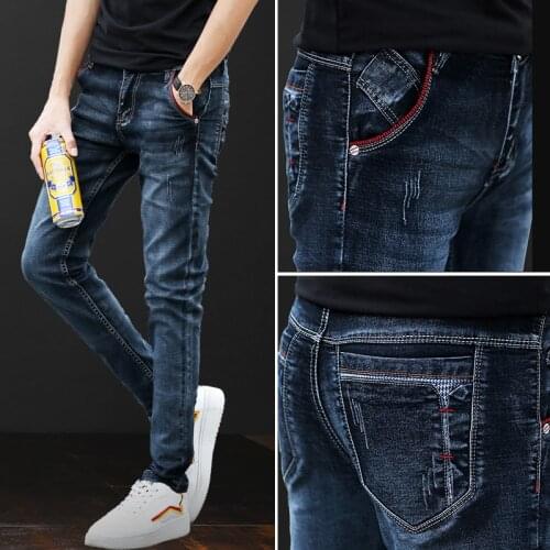 Streetwear Vintage Mens Jeans Cotton Skinny Stretch Denim Casual Slim Jean Boy Ripped Pencil Moto Pants Male Trousers 34 36