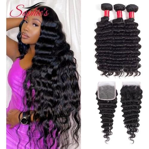 Sophies Deep Wave Bundles With Closure Brazilian Hair Weave Bundles Non-Remy Human Hair Bundles With Closure Extension
