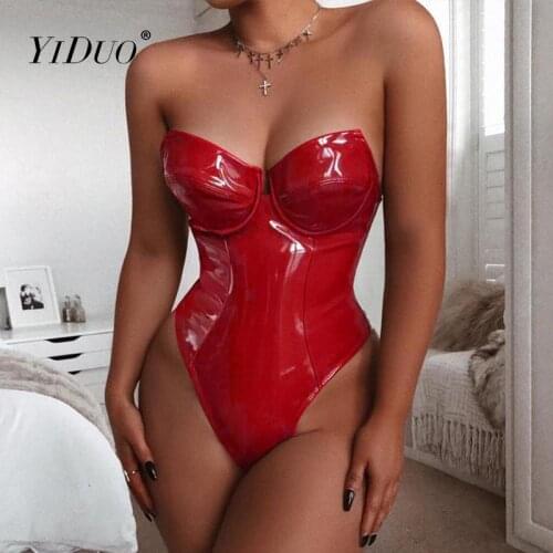 YiDuo PU Leather Bodysuit Women Summer Strapless Off Shoulder V-Neck Sexy Corset Bodysuit Red Casual Party Wear Jumpsuit 2021