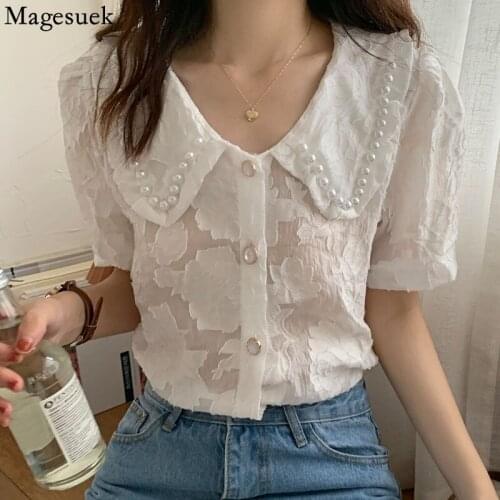 Korean Style Knitted Lace Blouse Women Doll Collar Retro Beading Womens Shirt Sweet Female Fashion Puff Sleeve Top Blusas 15431