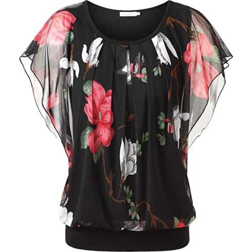 Tops Women 2021 Vintage Clothes T-shirts O-neck Flare Sleeve Fashion Floral Print Top Double Layer T-shirt Camisetas De Mujer