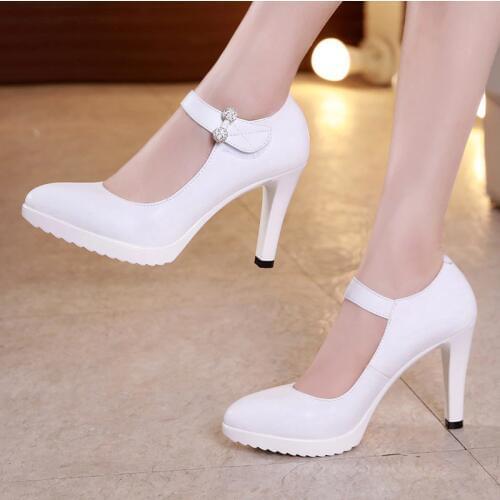 Plus Size 32 33-43 Pointed Toe Womens Pumps New 2021 Rhinestone Ankle Buckle High Heels Wedding Shoes Woman Office Work Shoe