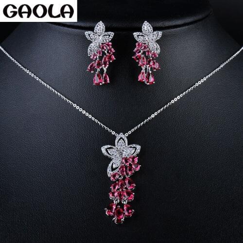 GAOLA Womens Fashion Silver Color Filled CZ Red colors Necklace+Earrings Flower Wedding Jewelry Sets GLDT0697