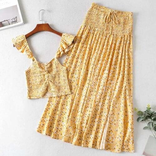 Boho Inspired 2 piece set women yellow summer 2 piece outfits for women ruffle top long skirt women two piece outfits beach new