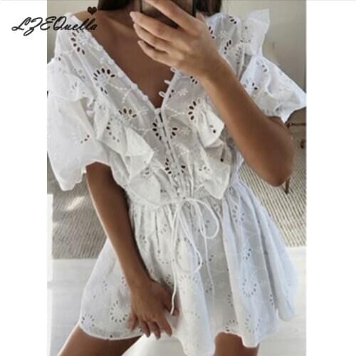 LZEQuella Women V neck Loose High Waist Lace Mini Dress Spring Autumn Fashion Ruffles Long Sleeve Hollow Dresses Vestidos NZ2841