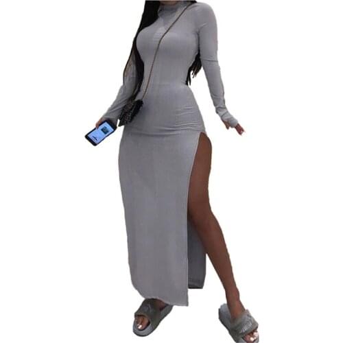 XLLAIS Women Party Evening Dresses Long Sleeve Side Split Robe Sexy Ribbed Knitting Midi Thumb Hole Cute Clothes