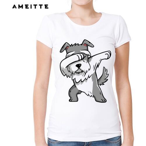 2019 AMEITTE Funny Dabbing Schnauzer T-Shirt Womens/Ladies Dance Animal Printed T Shirt Summer Hipster Short Sleeve Tee Tops