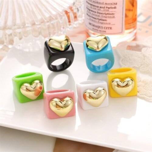 2021 Heart Bear Shaped Resin Rings For Women New Coloful Acrylic Cute Rings Trendy Vintage Simple Square Geometric Chunky Rings