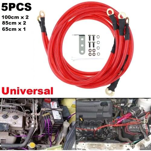 5PCS Professional Red Universal 5-Point Car High Performance Battery Ground Grounding Earth Cable Wire Improve Power System