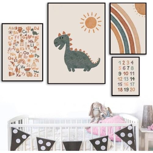Alphabet Number Dinosaur Rainbow Nursery Wall Art Canvas Painting Nordic Posters And Prints Wall Pictures Baby Kids Room Decor