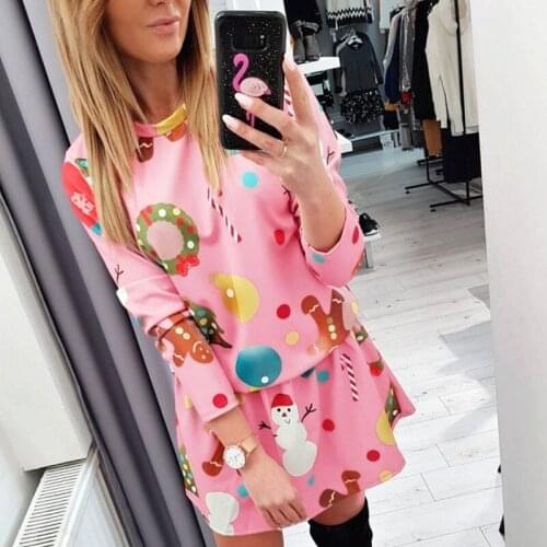 Women Christmas Cartoons Print Mini Dress O-neck Long Sleeve A-line New Year Dress Ladies Loose Casual Lovely Party Dress 2020