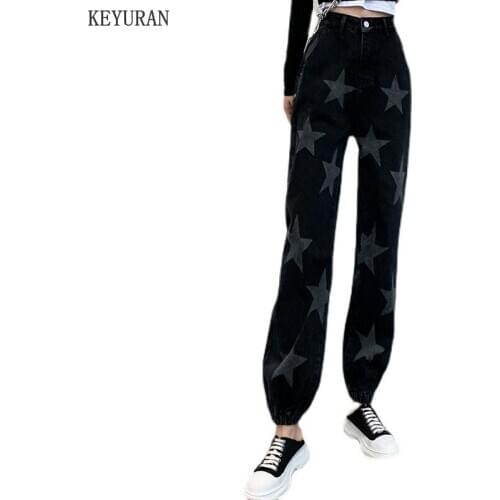 Five-pointed Star Print Black Jeans Women Casual Harjauku High Waisted Harem Denim Pants Ladies Punk Streetwear Trousers Female