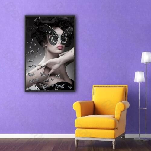 European Woman with Butterfly Glasses Canvas Art Painting Wall Poster and Many Butterflies Flying Around for Home Room Decoratio