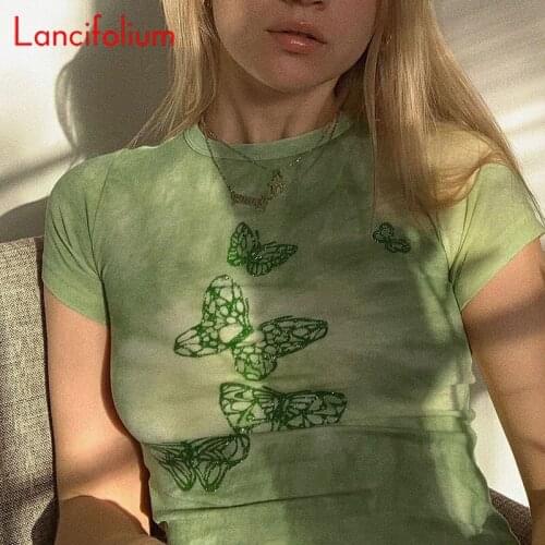 Summer Y2k Aesthetic Tie Dye Butterfly Graphic Short Sleeve Baby Tees Korean Fashion Harajuku Cute Crop Tops T Shirts Women 2021