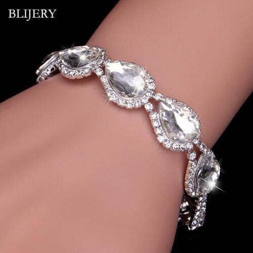 BLIJERY Silver Color Rhinestone Bracelets & Bangles for Women Crystal Waterdrop Bridal Bracelets Wedding Jewelry Birthday Gifts