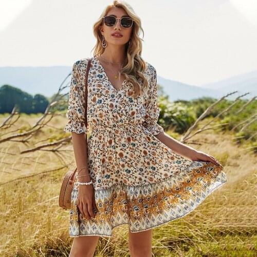 Summer V Neck Floral Print Dress 2021 Women Summer Casual Half Sleeve Midi A Line Dress Female Boho Elegant Beach Party Vestidos